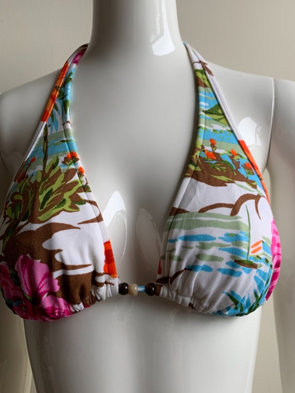 Raisins Multi color floral print beaded halter bikini top size large